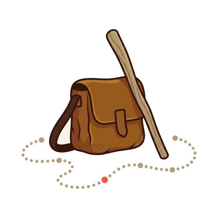 Satchel and staff on a dotted route